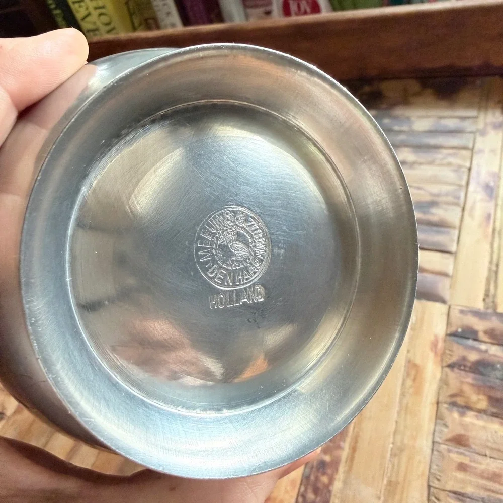 Vintage Meeuws & Zoon Pewter Pitcher – The Hague, Holland – Woven Rattan Handle